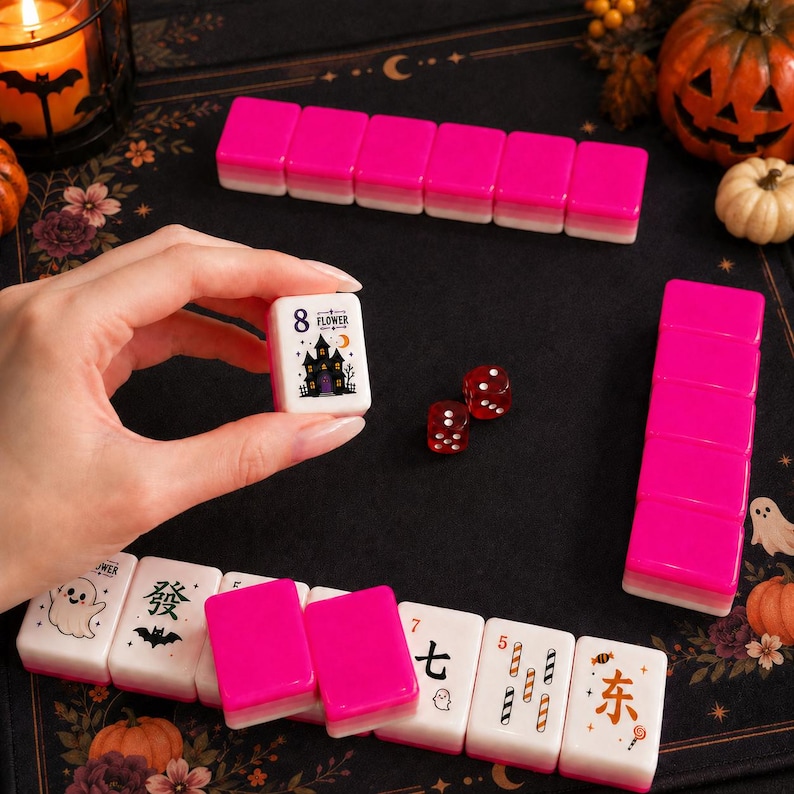 Spooky Season Mahjong Set 160 Tiles, Halloween Acrylic Mahjong, Pink UV Printed American Mahjong with Flowers Jokers & Blanks image 2