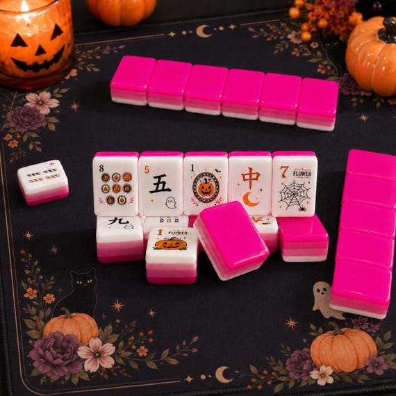 Halloween American Mahjong Set 160 Tiles,Spooky Acrylic UV Printed Mahjong Game,Pumpkin Ghost Mahjong Gift with Jokers Blanks & Matching Mat