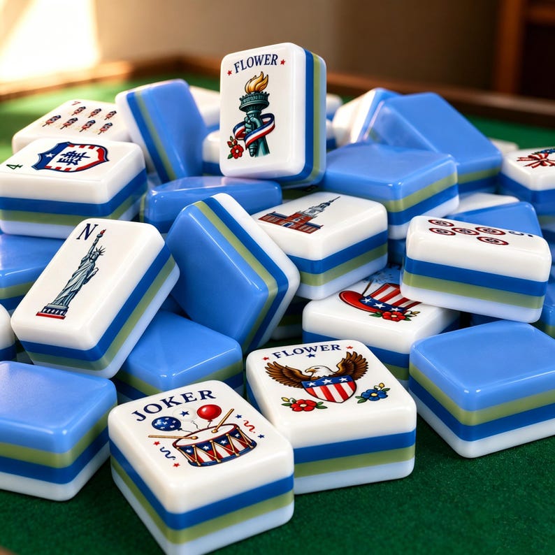May include: A collection of rectangular mahjong tiles featuring white faces with colorful illustrations of American symbols like the Statue of Liberty, a bald eagle, and a drum, with blue and green layered sides and the text FLOWER and JOKER.