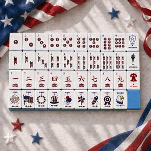 Juego de Mahjong Patriótico Americano de 160 fichas, juego de Mahjong acrílico del Día de la Independencia, regalo de Mahjong con la bandera de EE. UU. con comodines, fichas en blanco y tapete. imagen 2