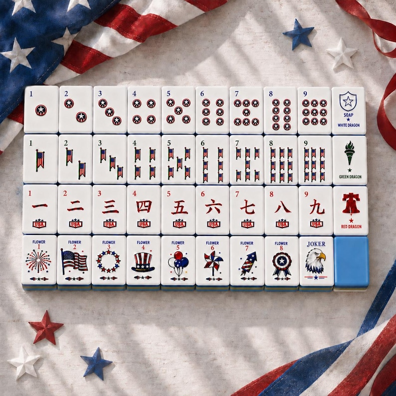 Juego de Mahjong Patriótico Americano de 160 fichas, juego de Mahjong acrílico del Día de la Independencia, regalo de Mahjong con la bandera de EE. UU. con comodines, fichas en blanco y tapete. imagen 2