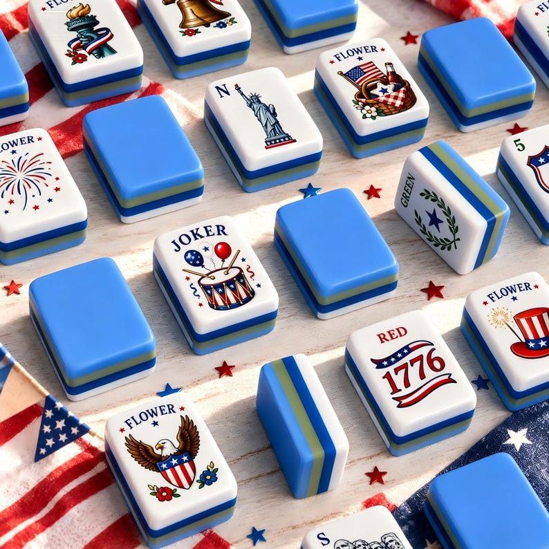 May include: A collection of rectangular mahjong tiles featuring patriotic American-themed illustrations, including the Statue of Liberty, a bald eagle, fireworks, and the year 1776. The tiles have white faces with colorful graphics and blue sides.