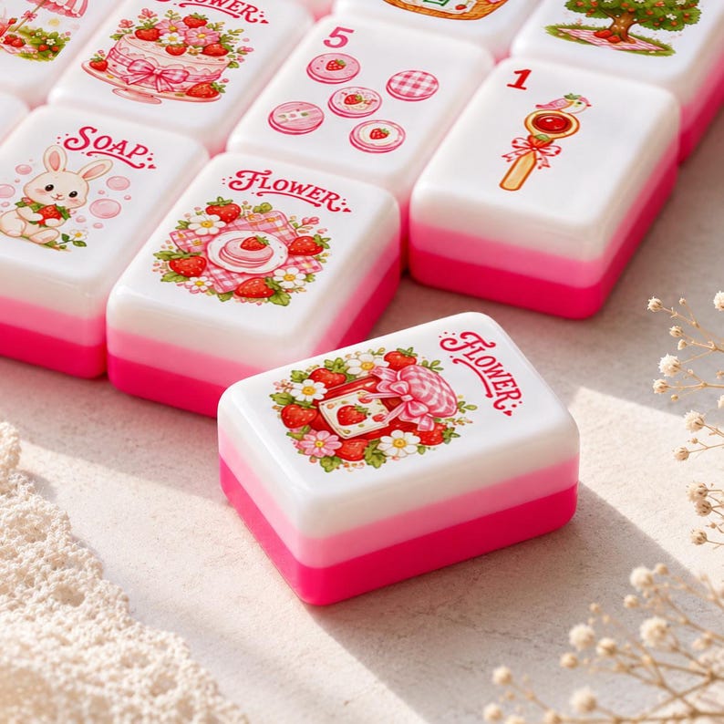 May include: A collection of rectangular white tiles with pink and hot pink layered bases, each featuring colorful illustrations of strawberries, flowers, cakes, a rabbit, and the text "FLOWER" or "SOAP" along with numbers like 1 and 5 printed on the top.