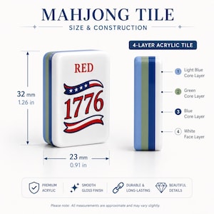 May include: A 4-layer acrylic Mahjong tile measuring 1.26 inches by 0.91 inches. The white face features the red text 1776 with a patriotic banner. The side view shows light blue, green, and blue core layers with a white face layer.