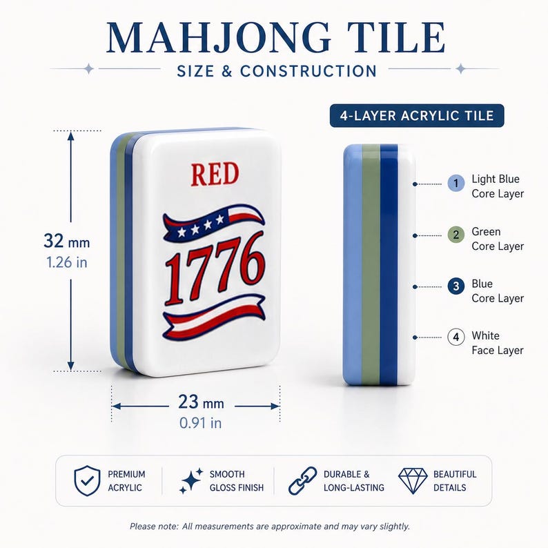 May include: A 4-layer acrylic Mahjong tile measuring 1.26 inches by 0.91 inches. The white face features the red text 1776 with a patriotic banner. The side view shows light blue, green, and blue core layers with a white face layer.