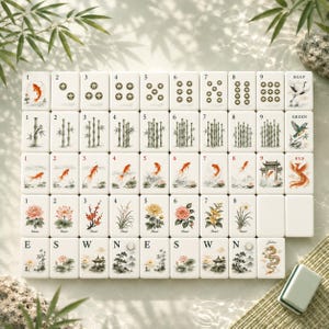 May include: A set of rectangular mahjong tiles featuring white surfaces with detailed illustrations of koi fish, bamboo stalks, lotus flowers, chrysanthemums, and cardinal directions. The tiles include numerical markings and text labels like SOAP, GREEN, RED, and JOKER.