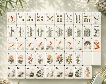 Koi Bamboo Lotus American Mahjong Set with Mat, 152/160 Koi Garden American Mah Jongg Set, Crane Phoenix Dragon Design, Garden Game gift