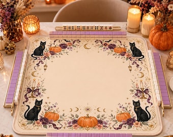 Halloween Mahjong Mat, Black Cat Pumpkin Game Night Decor, Elegant Spooky Floral Mahjong Table Mat, Autumn Party Gift, 31.5/33 Inch