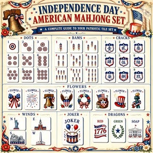 May include: A poster titled Independence Day American Mahjong Set featuring a grid of game tiles. The tiles display patriotic illustrations including fireworks, the Liberty Bell, American flags, and landmarks like the Statue of Liberty.