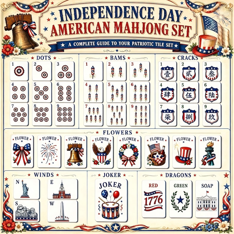 May include: A poster titled Independence Day American Mahjong Set featuring a grid of game tiles. The tiles display patriotic illustrations including fireworks, the Liberty Bell, American flags, and landmarks like the Statue of Liberty.