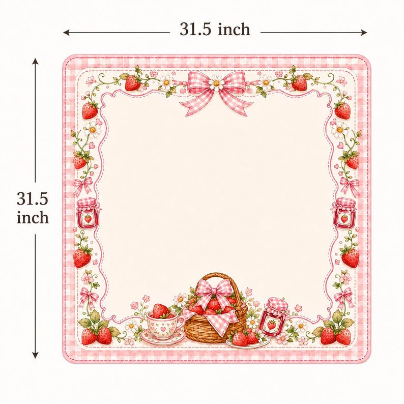 May include: A square mat measuring 31.5 inches by 31.5 inches with a pink gingham border. The design features a central cream area framed by illustrations of strawberries, white flowers, pink bows, and jars of jam, with a basket of strawberries.