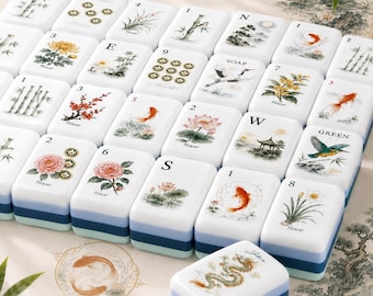 Koi Bamboo Lotus American Mahjong Set with Mat, 152/160 Koi Garden American Mah Jongg Set, Crane Phoenix Dragon Design, Garden Game gift