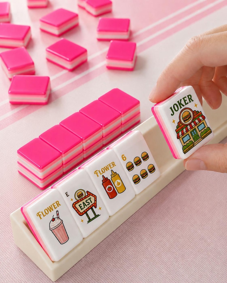 May include: A set of rectangular mahjong tiles with bright pink backs and white faces featuring colorful food-themed illustrations and text including Flower, East, and Joker. The tiles are arranged in a beige rack with several scattered.