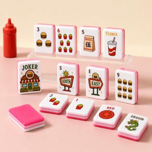 May include: A set of white mahjong tiles with pink edges featuring colorful fast food illustrations and text including JOKER, SOUTH, EAST, RED, and DRAGON. A red squeeze bottle stands to the left. The tiles display burgers, fries, and drinks.