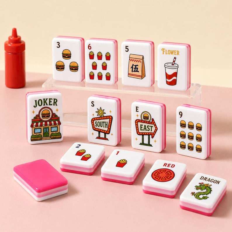 May include: A set of white mahjong tiles with pink edges featuring colorful fast food illustrations and text including JOKER, SOUTH, EAST, RED, and DRAGON. A red squeeze bottle stands to the left. The tiles display burgers, fries, and drinks.