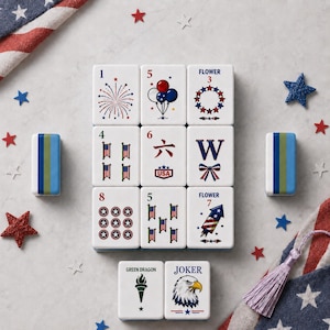 Juego de Mahjong Patriótico Americano de 160 fichas, juego de Mahjong acrílico del Día de la Independencia, regalo de Mahjong con la bandera de EE. UU. con comodines, fichas en blanco y tapete. imagen 4
