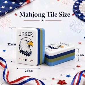 Juego de Mahjong Patriótico Americano de 160 fichas, juego de Mahjong acrílico del Día de la Independencia, regalo de Mahjong con la bandera de EE. UU. con comodines, fichas en blanco y tapete. imagen 6