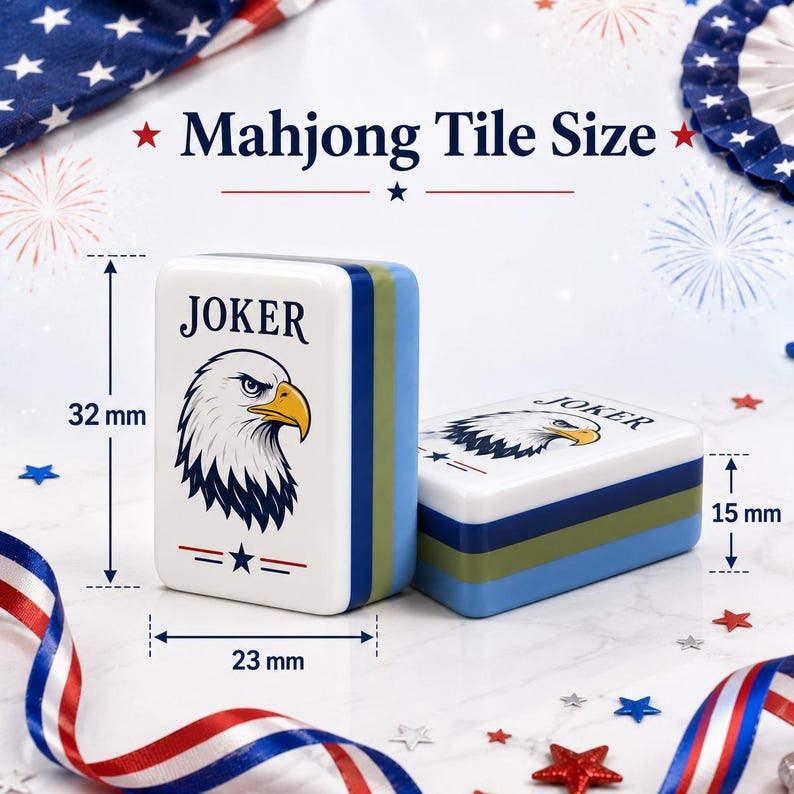 Juego de Mahjong Patriótico Americano de 160 fichas, juego de Mahjong acrílico del Día de la Independencia, regalo de Mahjong con la bandera de EE. UU. con comodines, fichas en blanco y tapete. imagen 6