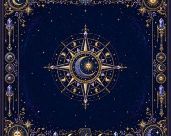 Mystic Celestial Mahjong Mat 31.5x31.5 / 33x33 Inch, Tarot Astrology Game Table Mat, American Mahjong Accessories, Luxury Gift