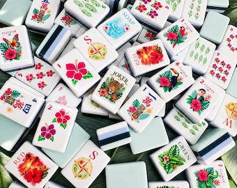 Tropical Mahjong Set, American Mahjong Tiles,160 Luxury Acrylic Majhong Game Set Exotic Island Floral UV Printed Mah Jongg Gift for Her