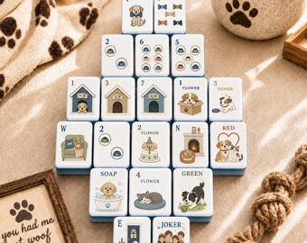 American Mahjong Set Pet Family Theme, Blue Acrylic Mahjong Tiles, Dog Cat Mahjong Game, 152/160 Tile Mahjong Gift for Pet Lovers