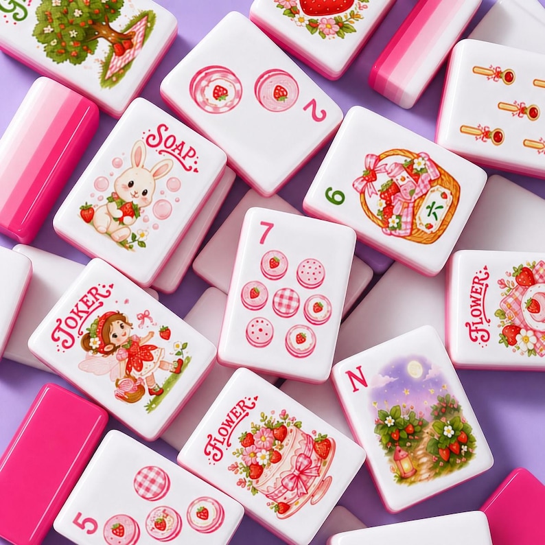 Strawberry Picnic American Mahjong Set, 152/160 Tiles Acrylic Mahjong Game Set, Pink Floral Cottagecore Mahjong Gift, Summer Game Night Set image 2
