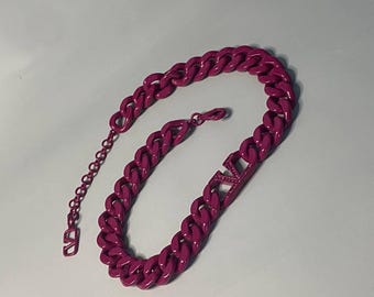 Valentino Crystal V Logo Purple Curb Link Chain Necklace 37cm