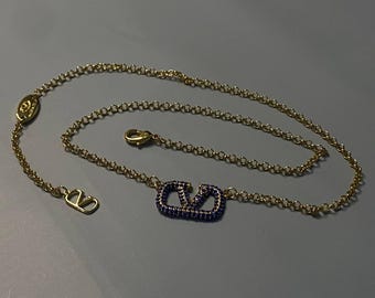 Valentino Blue Sapphire Crystal V Logo Pendant Necklace 47cm