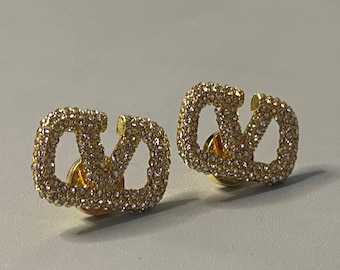 Valentino Gold Crystal V Logo Stud Earrings 2cm