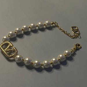 Valentino Gold Crystal V Logo Pearl Bracelet 20cm image 2