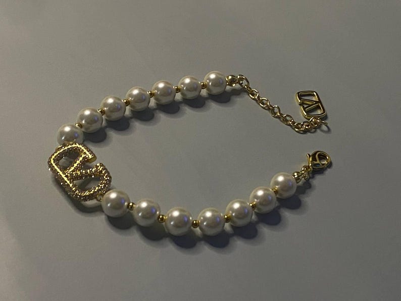 Valentino Gold Crystal V Logo Pearl Bracelet 20cm image 2