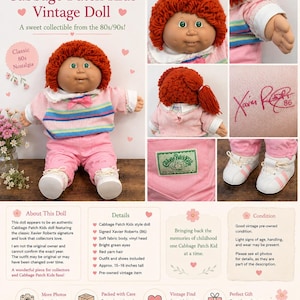 May include: A Cabbage Patch Kids vintage doll with red yarn hair, bright green eyes, and a vinyl head. The doll wears a pink sweater with blue and yellow stripes, pink trousers, and white shoes. A signature by Xavier Roberts 86 is visible on the fabric.