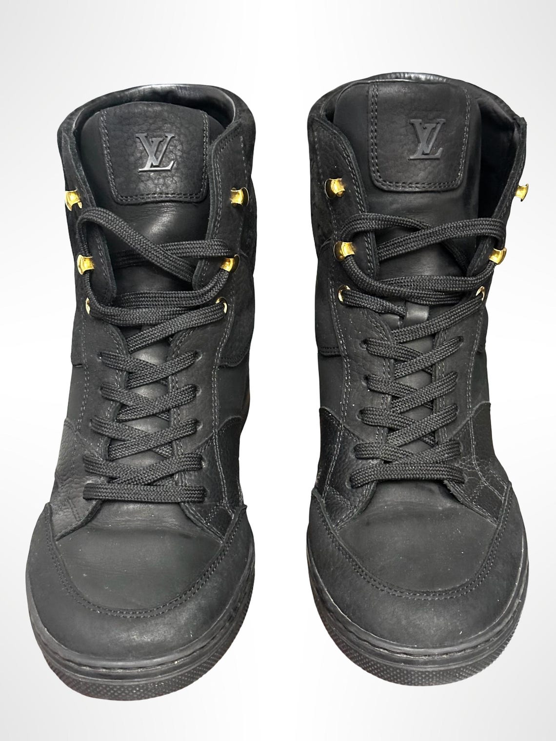 Authentic Vintage Louis Vuitton Black Monogram High Top Wedge Sneakers Size 37, foto 2 di 5