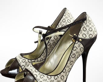 Vintage Guess Monogram T-Strap Heels – Y2K Peep Toe Stilettos (US 9)