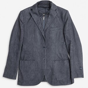 May include: A dark gray blazer featuring a notched lapel, two front buttons, and two large patch pockets. The garment includes an integrated inner layer with a high collar, a vertical zipper closure, and a single snap button at the top neckline.