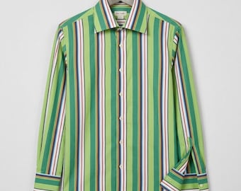 Camisa vintage Cinque listrada com botões - Listras verdes multicoloridas - Tamanho 15,5 / 39 - Fabricada na Itália