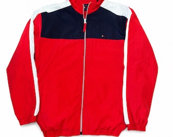Jaqueta corta-vento vintage Tommy Hilfiger colorblock, tamanho M masculino, estilo esportivo dos anos 90.