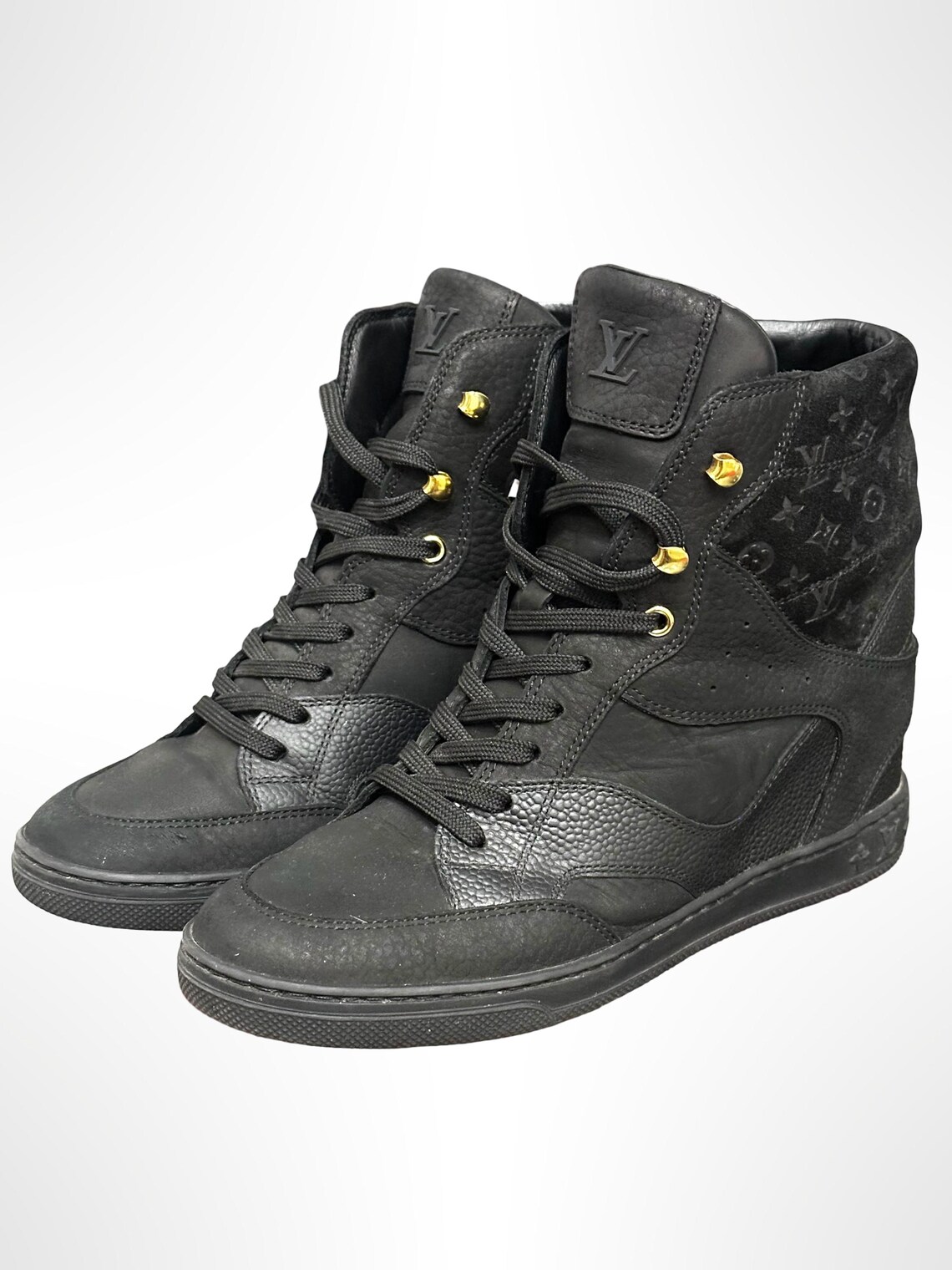 Authentic Vintage Louis Vuitton Black Monogram High Top Wedge Sneakers Size 37, foto 1 di 5