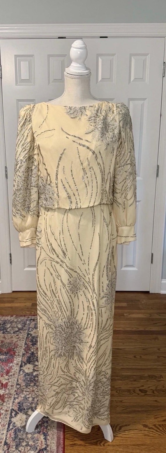 Alyce Designs Vintage Pale Yellow Silver Embellished Long Sleeve Glamour Dress Sz 12