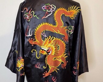 Kimono vintage unisex de mezcla de seda china con abeja dorada y dragón bordado a mano, talla S