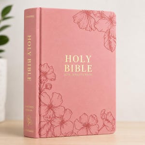 May include: A dusty rose-colored hardcover Holy Bible, King James Version, featuring gold foil lettering on the front cover and spine. The cover is decorated with delicate, line-art floral illustrations in a darker shade of pink.