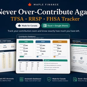 Può includere: Un modello digitale di monitoraggio dei contributi TFSA, RRSP e FHSA per Excel e Google Sheets di Maple Finance. Il display mostra una dashboard dei contributi con dati finanziari, tabelle mensili e istruzioni per gli investitori canadesi.