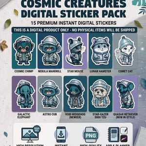 Cosmic Creatures Digital Sticker Pack -15 Premium Space Animal Stickers -PNG Download for GoodNotes Notion Procreate