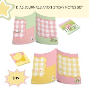 Peut inclure: Un ensemble de deux journaux A5 et deux blocs de notes adhésives. Un journal présente un motif vichy rose et vert avec une illustration de grenouille, tandis que l'autre a un motif vichy jaune et rose avec une petite illustration de personnage.