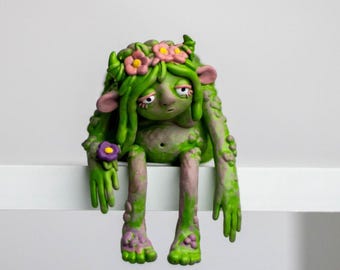 Flower Forest Goblin, Resin Shelf Sitter Sculpture, Hand-Painted Goblincore Fairycore Figurine