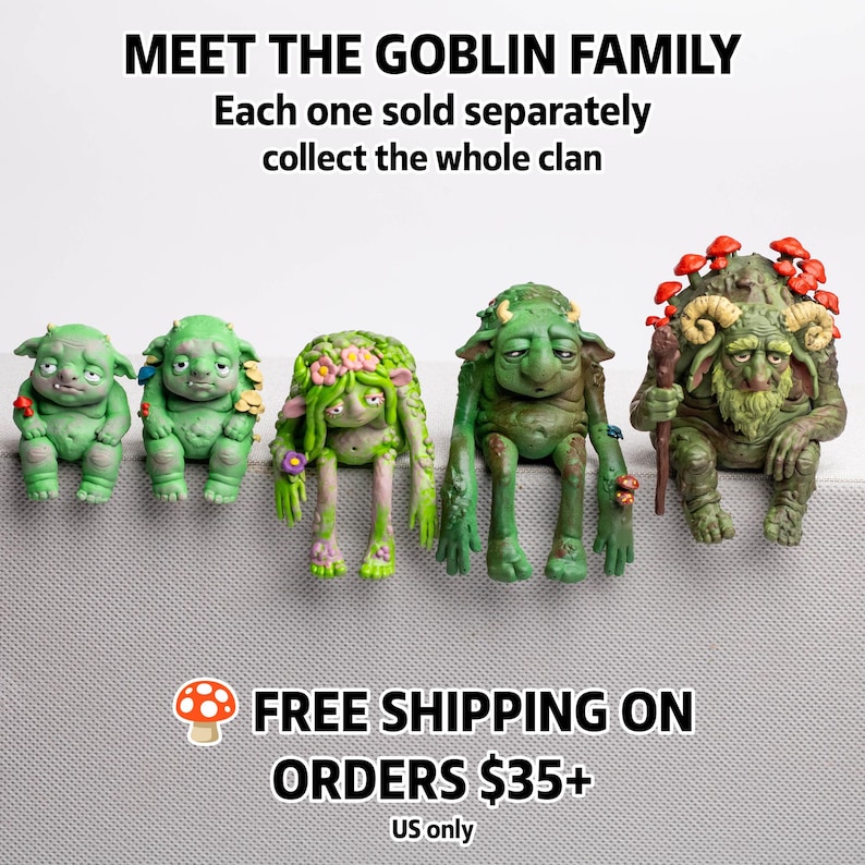 Puede incluir: Cinco figuras de duendes distintas en varios tonos de verde, con piel texturizada, cuernos y detalles de setas. El texto dice: MEET THE GOBLIN FAMILY. Each one sold separately collect the whole clan. FREE SHIPPING ON ORDERS $35+ US only.