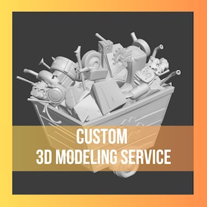 May include: A light gray 3D rendered cart filled with various geometric shapes and mechanical components. The image features the white text CUSTOM 3D MODELING SERVICE overlaid on a horizontal orange bar across the center of the cart.
