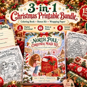 Puede incluir: Un paquete imprimible de Navidad 3 en 1 que incluye un libro para colorear, un kit adicional y papel de regalo. La colección contiene más de 15 páginas, 11 diseños de papel de regalo, una plantilla de carta a Santa y una portada de kit.