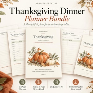 Puede incluir: Un paquete de planificador de cena de Acción de Gracias con varias páginas impresas con títulos como Our Thanksgiving menu, The dinner budget y Thanksgiving Notes. La portada muestra calabazas naranjas y blancas.