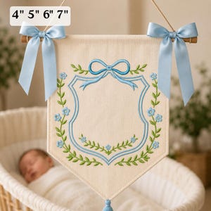 Blue Bow Monogram Embroidery Pattern Personalized Name Crest Font Custom Heirloom Baby Shower Gift Elegant Floral Crest Letter Banner